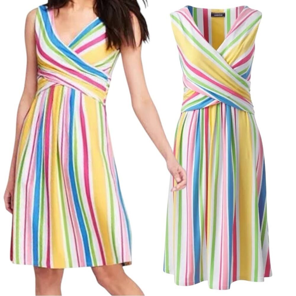 Lands End Sleeveless Fit Flare Dress Colorful Striped Sleeveless Dress Size Xlp